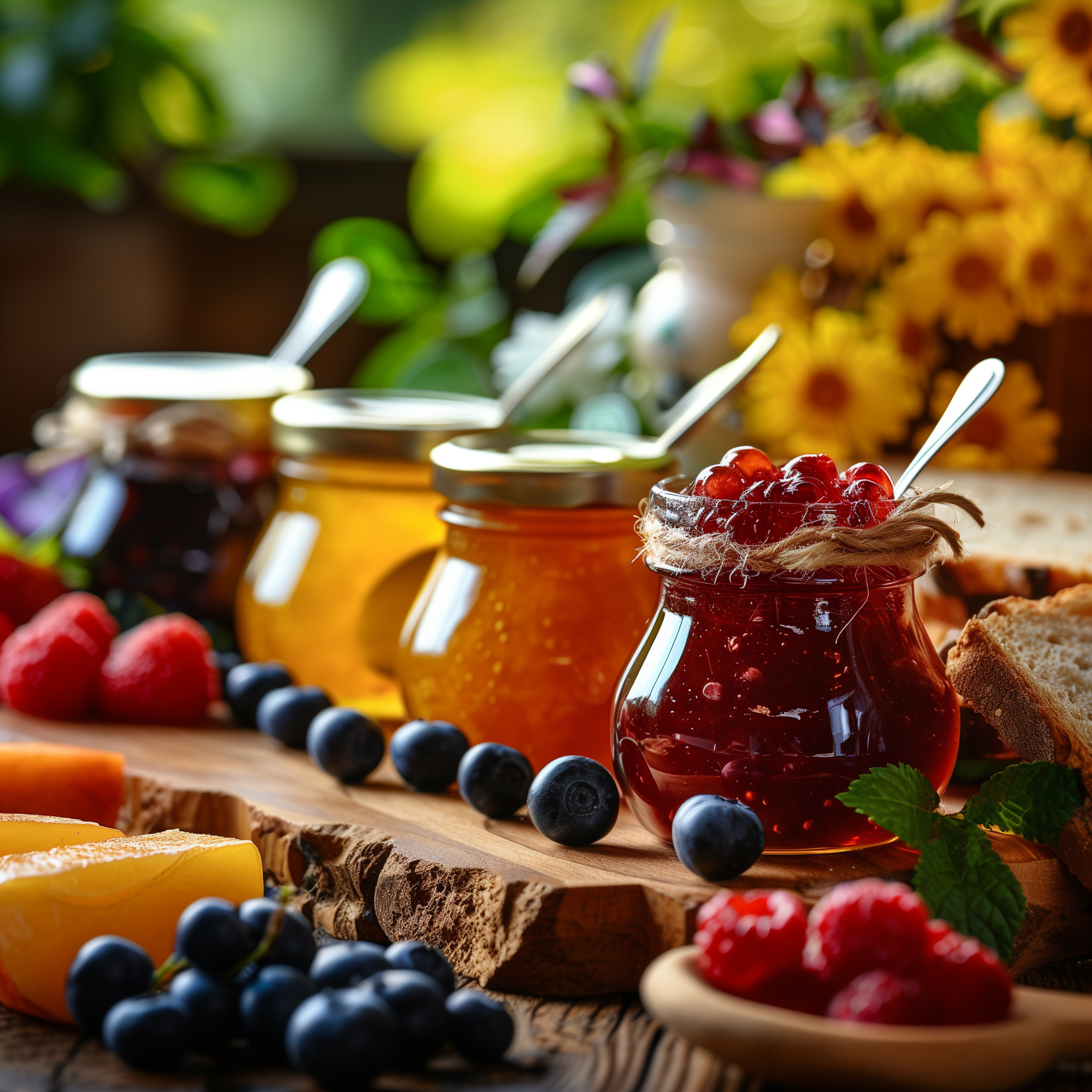 A variety of colorful jams displayed on a wooden board with fruit and bread.