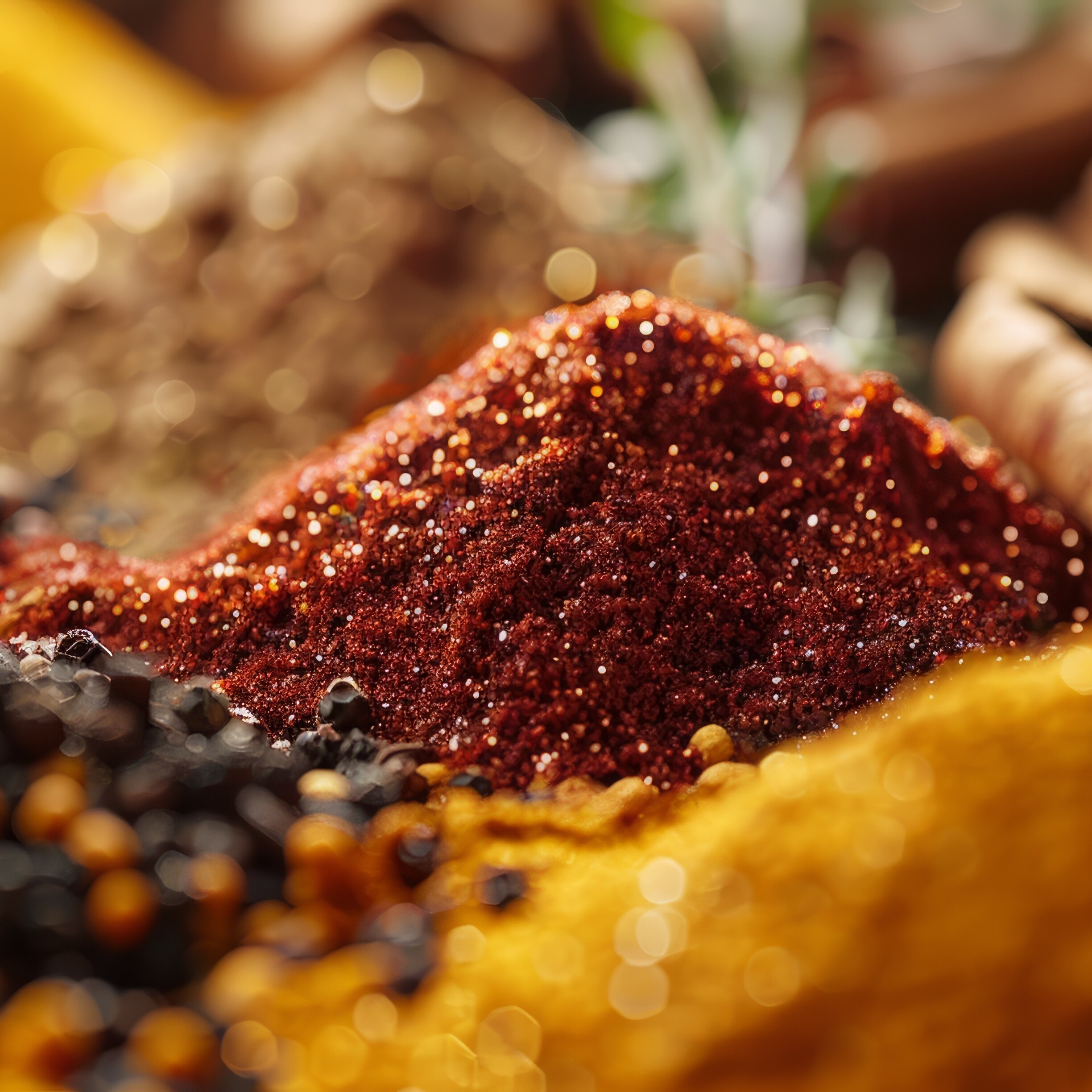 Vibrant piles of various spices, including deep red and yellow, with a bokeh background.