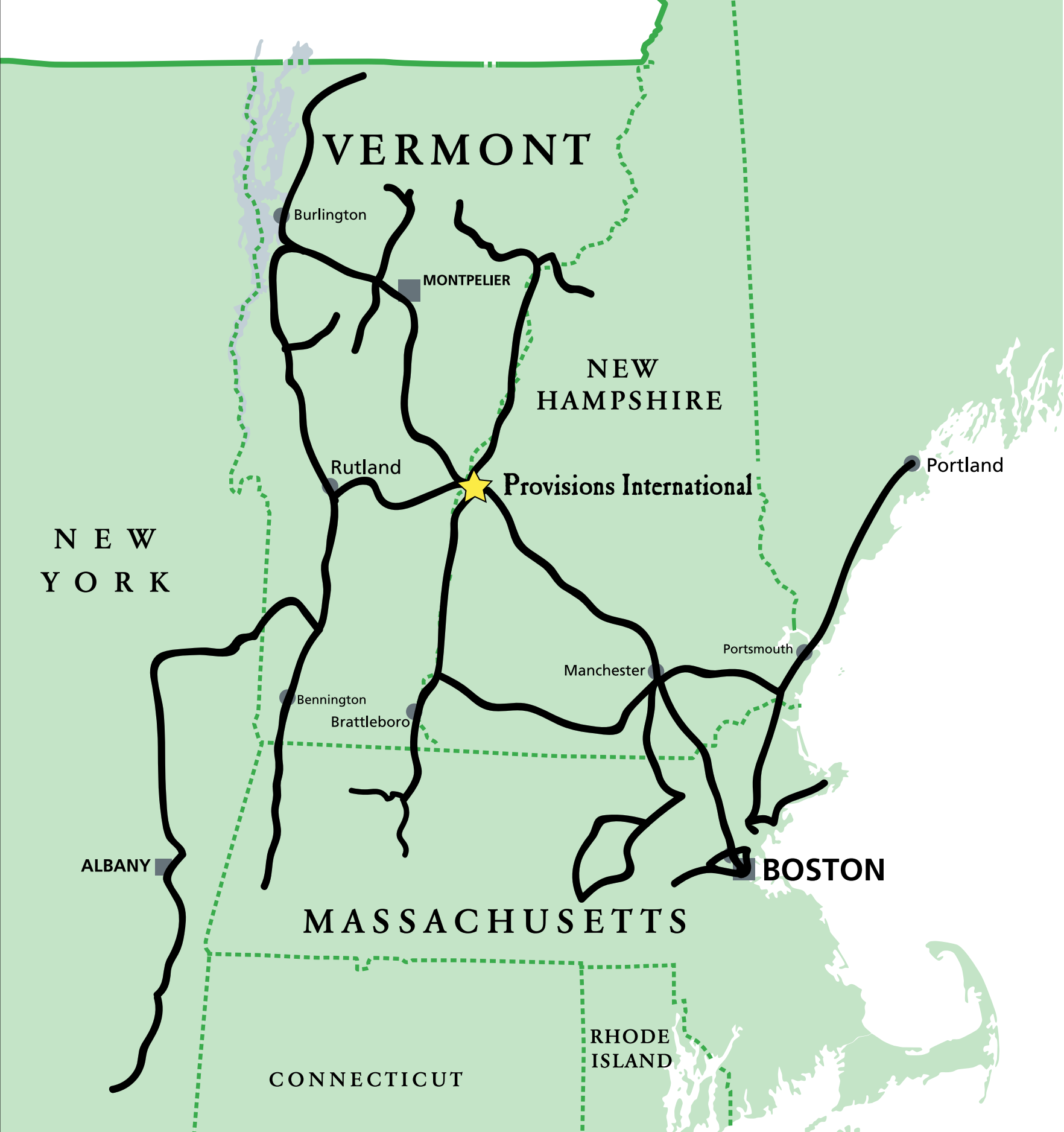 Map showing New England states with key locations and routes highlighted.