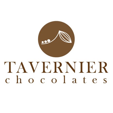 Logo for Tavernier Chocolates featuring a leaf and cocoa bean design.