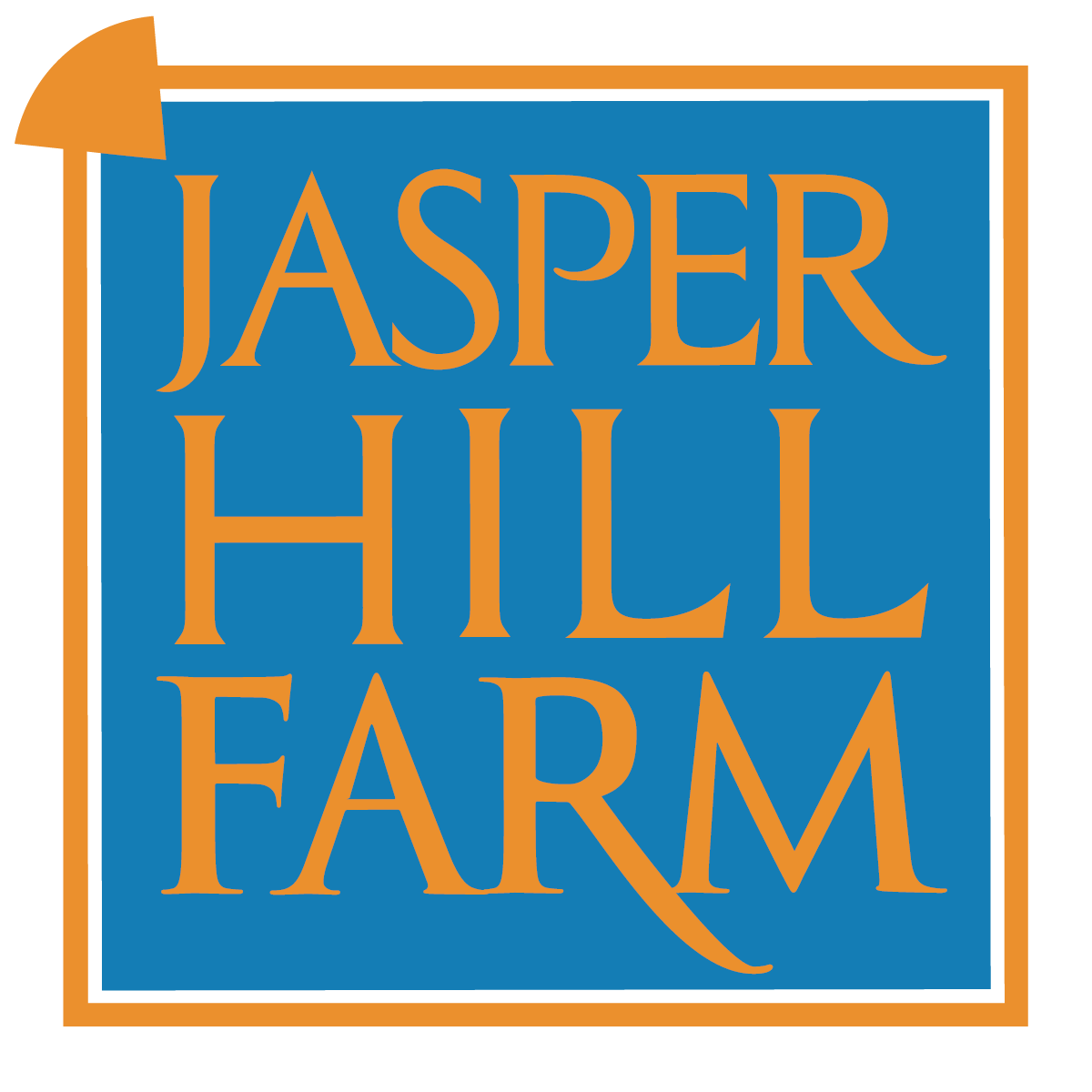 Logo for Jasper Hill Farm, featuring bold orange text on a blue background.